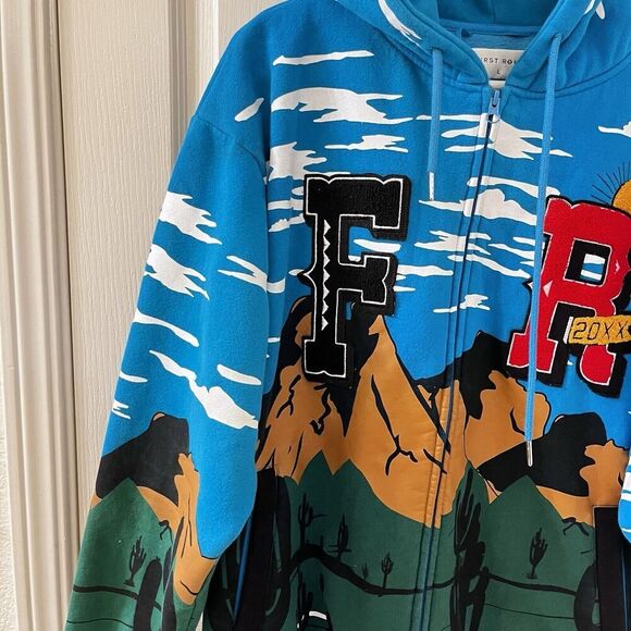 First Row Graphic Mountain Hoodie Full Zip Embroidered Applique Men's Size Large - Picture 4 of 16